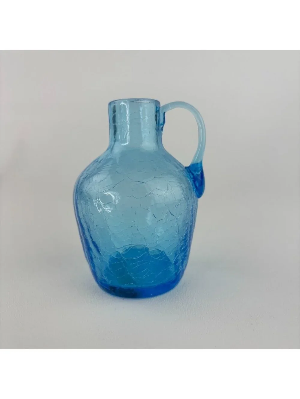 Small Crackle Glass Blue Bud Vase With Handle 3 7/8
